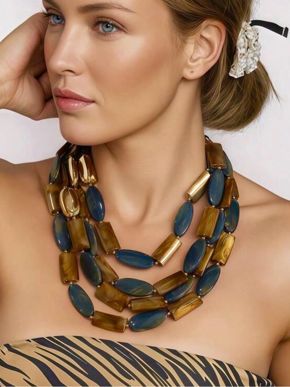 Layered Blue and Gold Statement Necklace - Women Jewelry
